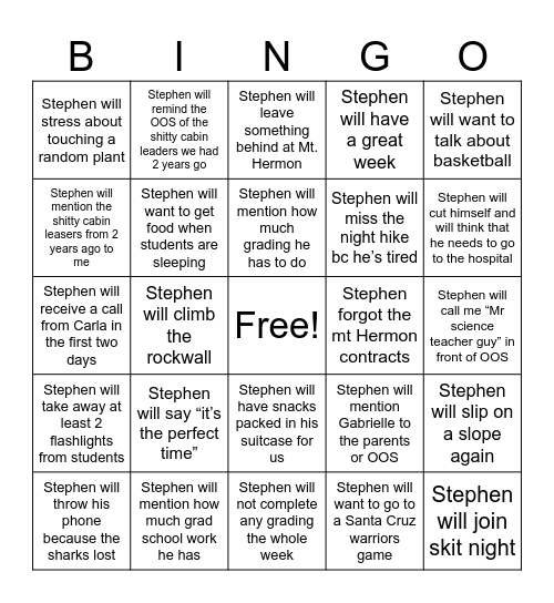 Mt. Hermon Bingo Card