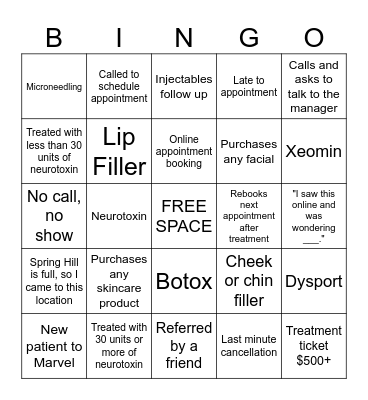 MedSpa Bingo Card