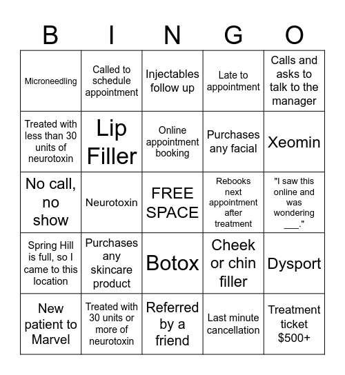 MedSpa Bingo Card