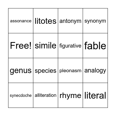 Analogies Bingo Card