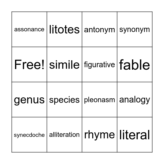 Analogies Bingo Card