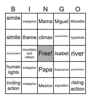 Esperanza Rising Bingo Card