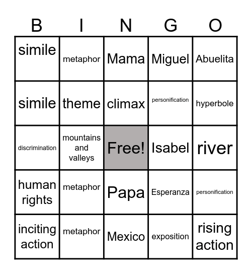 Esperanza Rising Bingo Card