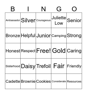 Girl Scout  Bingo Card