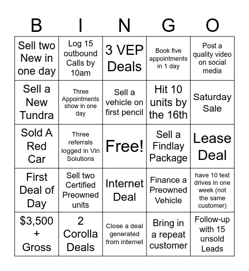 Toyota of Bradenton Demo Bingo Card
