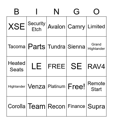 Team Toyota Bingo Card
