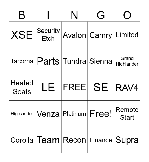Team Toyota Bingo Card