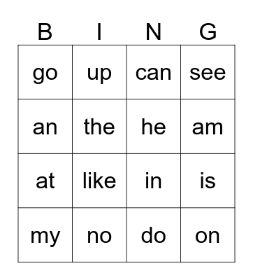 Sight Words Bingo Card