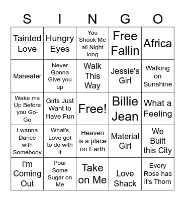Game 1: 80's SINGO - One Straight Bingo, Diagonal Counts Bingo Card