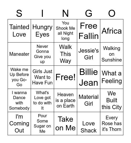Game 1: 80's SINGO - One Straight Bingo, Diagonal Counts Bingo Card