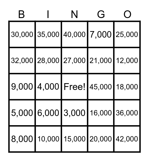 Math Night Bingo Card