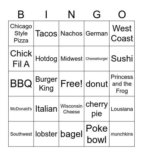 American Food Culture Bingo Card