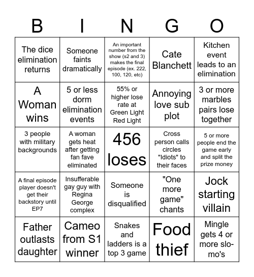 Squid Game the Challenge S2 Bingo Card