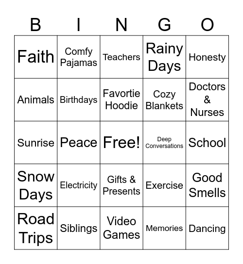 Thankfulness Bingo Card