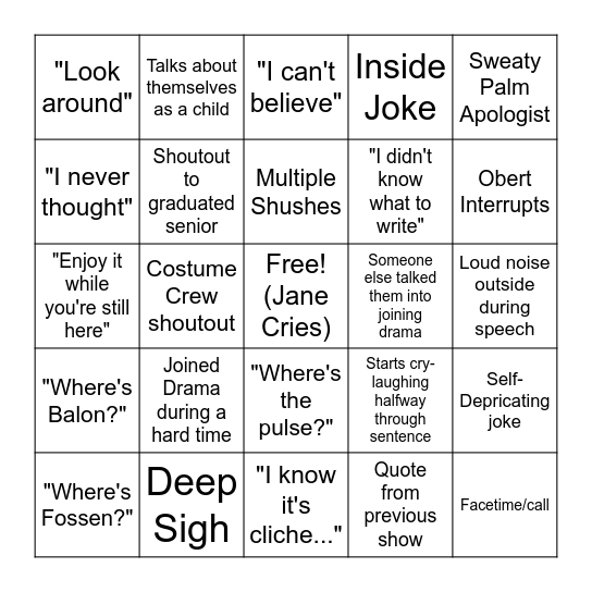 Sparkle Speech Bingo Card
