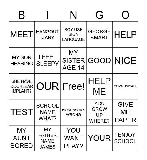 ASL 1 - Unit 2 Sentences Bingo Card