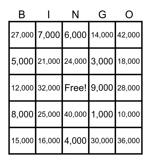 Math Night Bingo Card