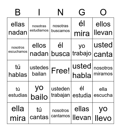 -AR Verbs Bingo Card