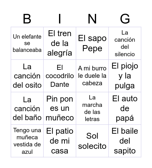 Canciones Bingo Card