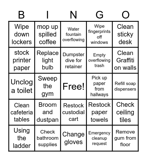 Custodial Bingo Card