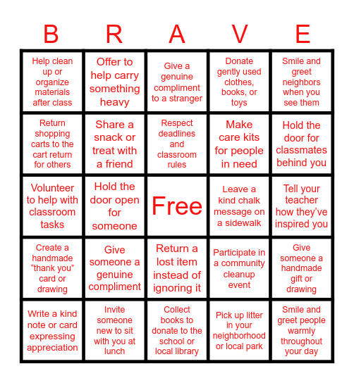Pay It Forward Bingo Card