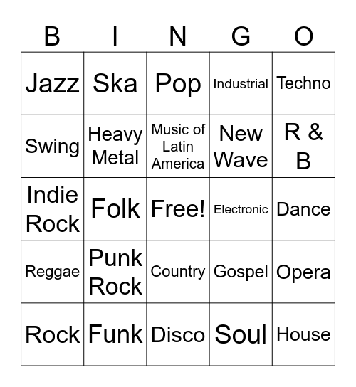 Music Genres Bingo Card
