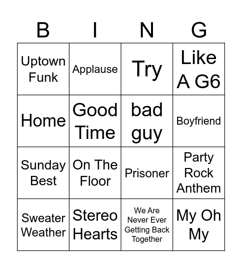 2010's Mega Hits Music Bingo Card