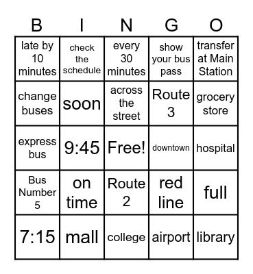 Bus Stop Bingo Card