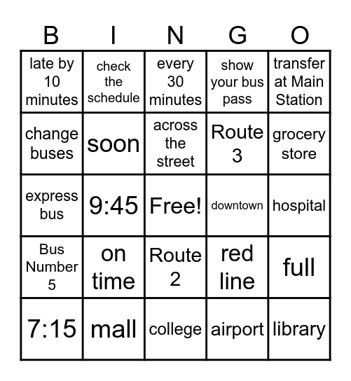 Bus Stop Bingo Card