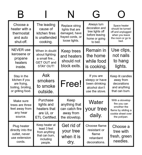 Winter Fire Safety Bingo Card
