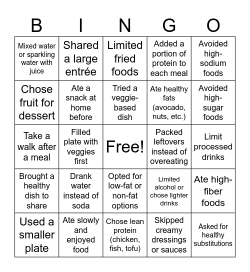 Eating Healthy Bingo PHAR 652 Bingo Card