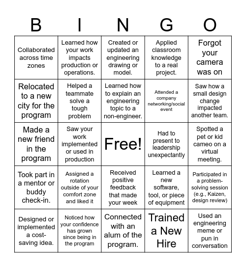 Rotation Bingo Card