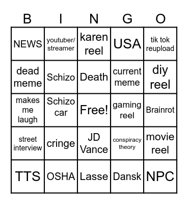 Instagram reel bingo Card