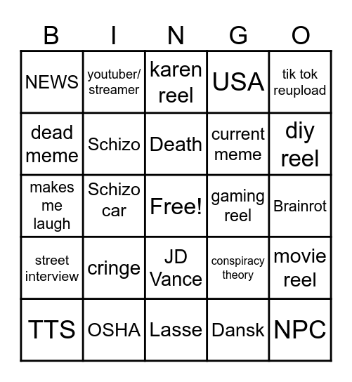 Instagram reel bingo Card