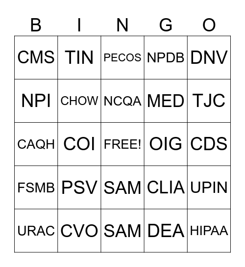 MEDICAL STAFF PROFESSIONAL = MSP Bingo Card