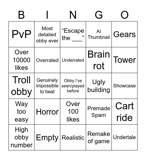 Obby Creator Bingo Card