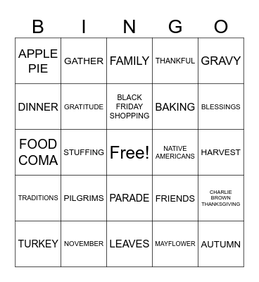 THANKSGIVING Bingo Card