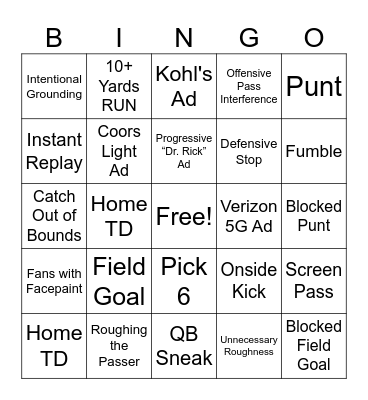 Gunslinger Football Bingo Card