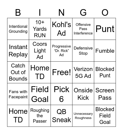 Gunslinger Football Bingo Card