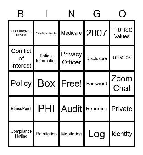 TTUHSC Compliance Bingo Card