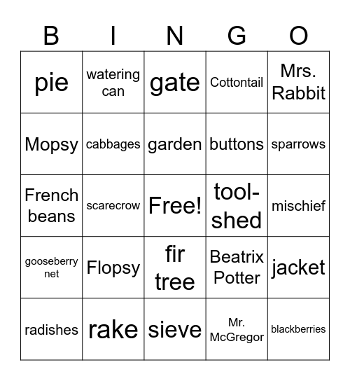Peter Rabbit Bingo Card