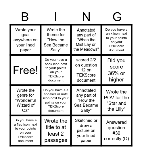 Unit 2A Assessment Strategies Bingo Card