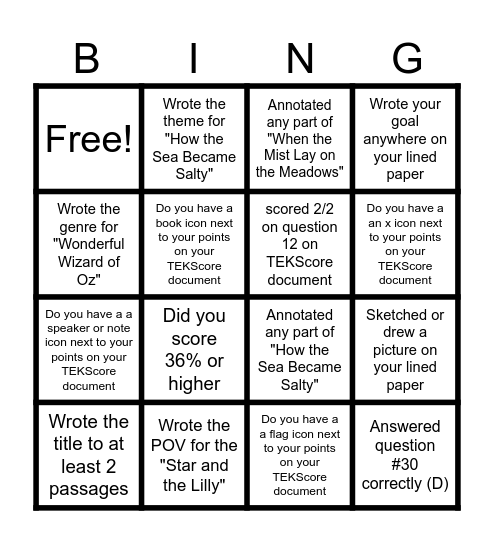 Unit 2A Assessment Strategies Bingo Card