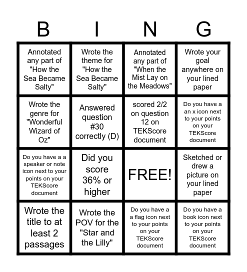 Unit 2A Assessment Strategies Bingo Card