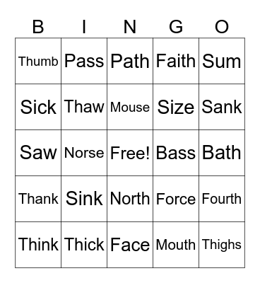 Th and S Minimal Pairs Bingo Card
