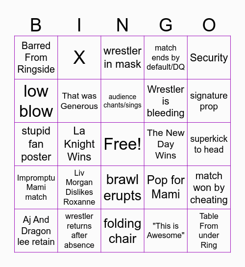 Wrestling Bingo Card