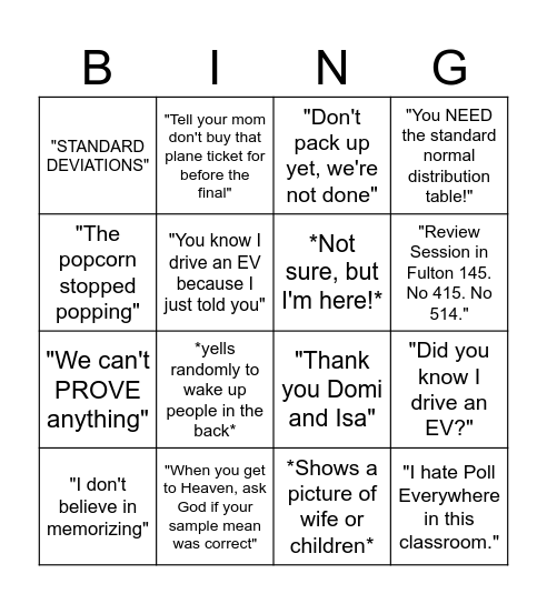 Stats Bingo Card