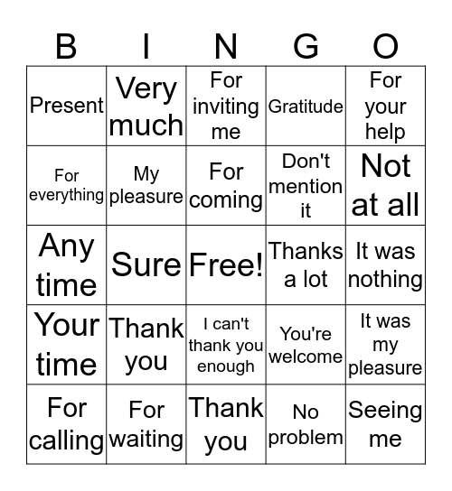 Thank you Bingo Card