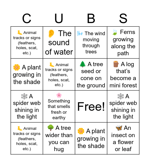 Cub Scout Nature Walk Bingo Card