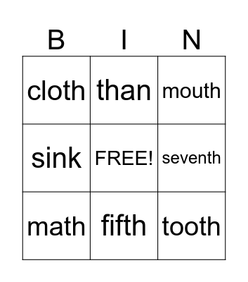 TH Sound Bingo with clues Bingo Card